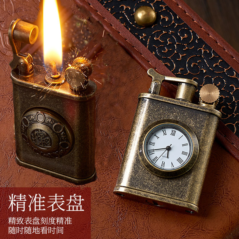Fire Starting Kit - 男性用レトロウォッチ灯油ライター,クリエイティブなメタルジャイロホイール,アンティークフリント,ヴィンテージガソリンライター,男性へのギフト