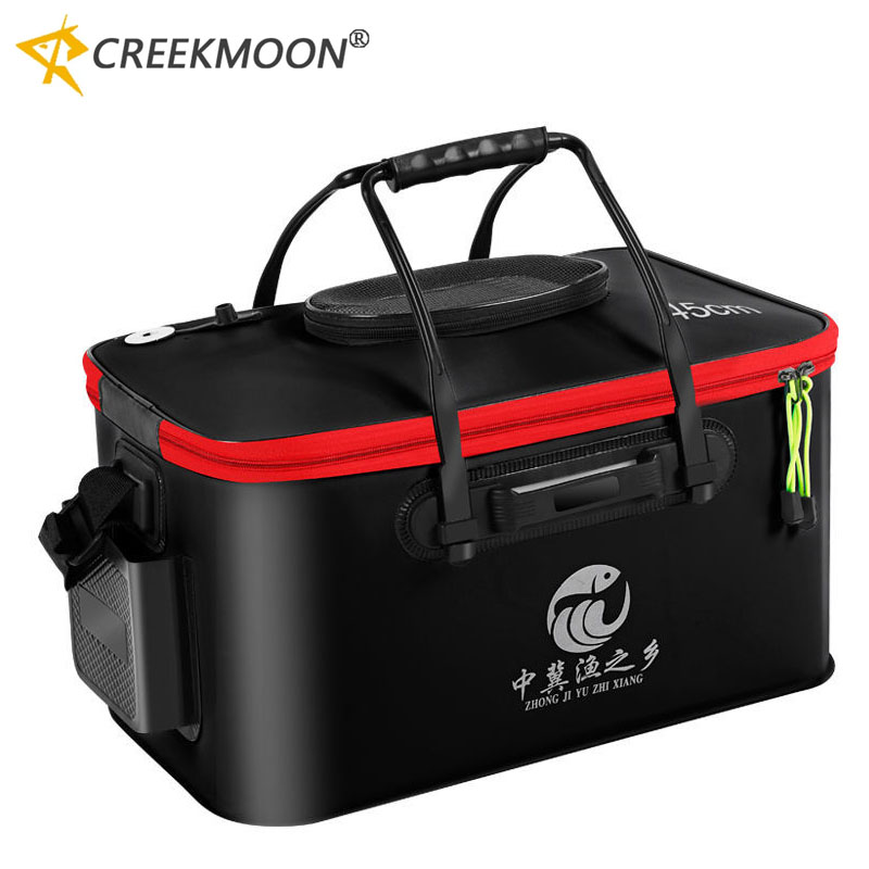 Water Bag Collapsible - EVA製活魚バケツ サイドポケット付き ジッパー式 折りたたみ式 屋外用ウォータータンク 通気性ネットトップカバー付き