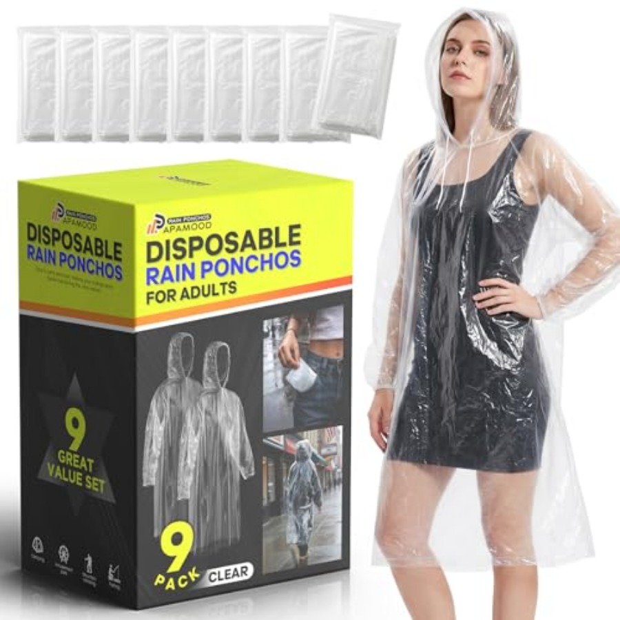 Emergency Poncho Rain - 使い捨てレインポンチョ、大人用6枚入り/9枚入りファミリーパック、旅行キャンプ用巾着フード付き緊急レインコート