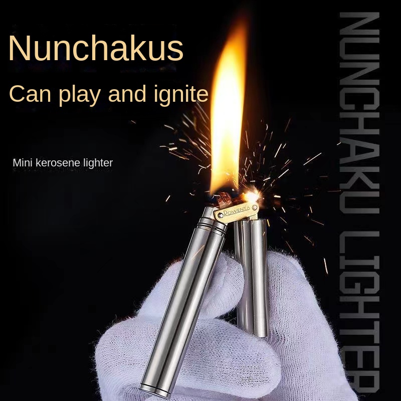 Fire Starting Kit - コンパクトな真鍮製ライター、防風ミニレトログラインディングホイール点火フリント、火を使わない男性用喫煙玩具ギフト