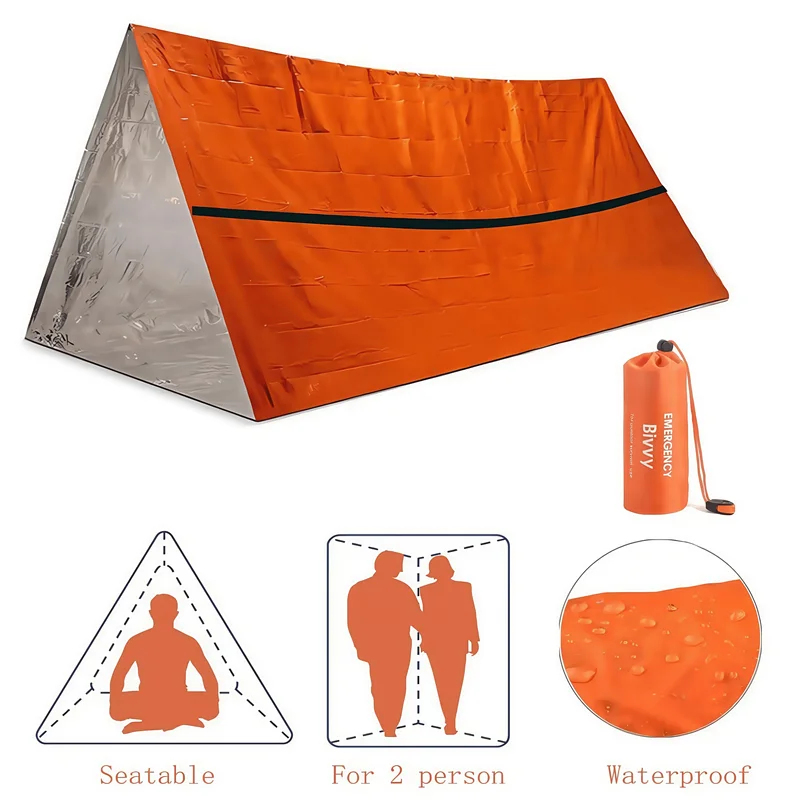 Emergency Mylar Tent - 2人用緊急サバイバルシェルター 防水マイラービビーテント 保温寝袋 再利用可能 SOS屋外救助キット