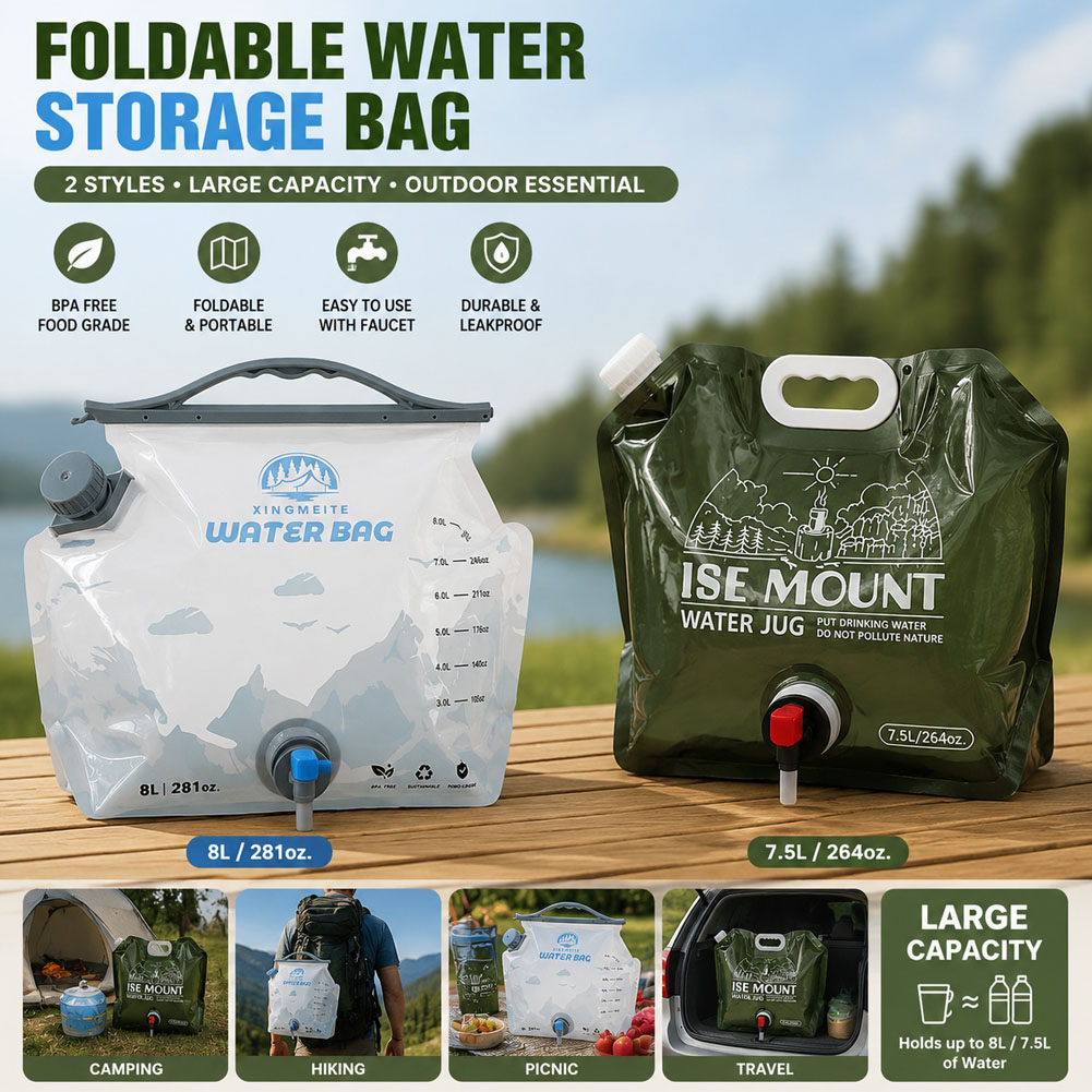Water Bag Collapsible - 8L大容量折りたたみ式携帯用水筒（蛇口付き）キャンプ、ハイキング、旅行用ポータブルPEウォーターバッグ